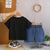 Plum & Pop Kids Boy's Cotton Lines Embellished Print T-Shirt & Shorts Set - Black