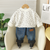 Boy's Cotton Fleece Winter Text Printed Sweatshirt With Denim Pant Set - Cream