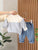 Boys Woven Stripes Printed Collared Neck Full Sleeves Shirt and Denim Pant Set - Cream
