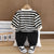 Boy's Cotton Knit Light Winter All Over Stripes Printed and Teddy Applique Sweatshirt With Joggers Pant Set - Black & Creamream