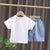 Boys Cotton Half Sleeves Tees & Shorts Set Pack Of 2 - Black Super Dino & White Rainbow