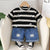Boy's Cotton Stripes Panda Print T-Shirt & Shorts Set - Black