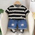 Boy's Cotton Stripes Panda Print T-Shirt & Shorts Set - Black