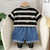 Boy's Cotton Stripes Panda Print T-Shirt & Shorts Set - Black
