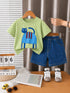 Plum & Pop Kids Girls Cotton Cat Printed T-Shirt & Shorts Set - Green