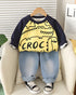 Boy's Light Winter Cotton Crocodile Printed Sweatshirt With Jeans Set - Yellow&Black