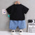 Boys Cotton Half Sleeves Tees & Shorts Set Pack Of 2 - Black Super Dino & White Rainbow