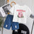 Plum & Pop Kids Girls Pink Bunny Graphic T-Shirt with Distressed Denim Shorts Set