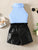 Plum & Pop Kids Girls Blue Ribbed High-Neck Top with Black Faux Leather Shorts Set