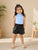 Plum & Pop Kids Girls Blue Ribbed High-Neck Top with Black Faux Leather Shorts Set