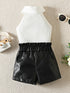 Plum & Pop Kids Girls White Ribbed High-Neck Top with Black Faux Leather Shorts Set