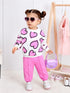 Girl's Cotton Knit Light Winter All Over Heart Printed Sweatshirt With Joggers Pant Set - Lilac